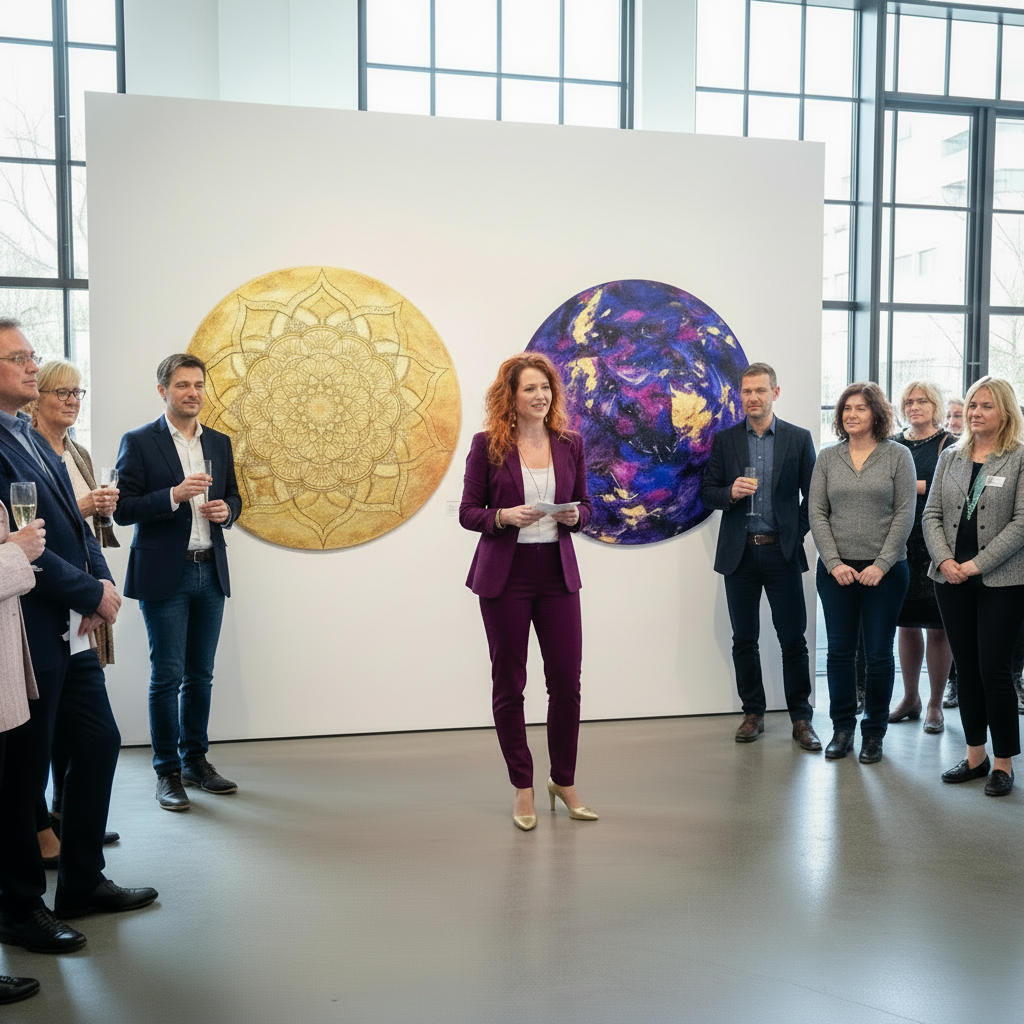Eine Frau in einem violetten Anzug spricht vor einer Gruppe von Menschen in einer Galerie mit großen Fenstern, zwei großen, runden Kunstwerken an der Wand im Hintergrund.